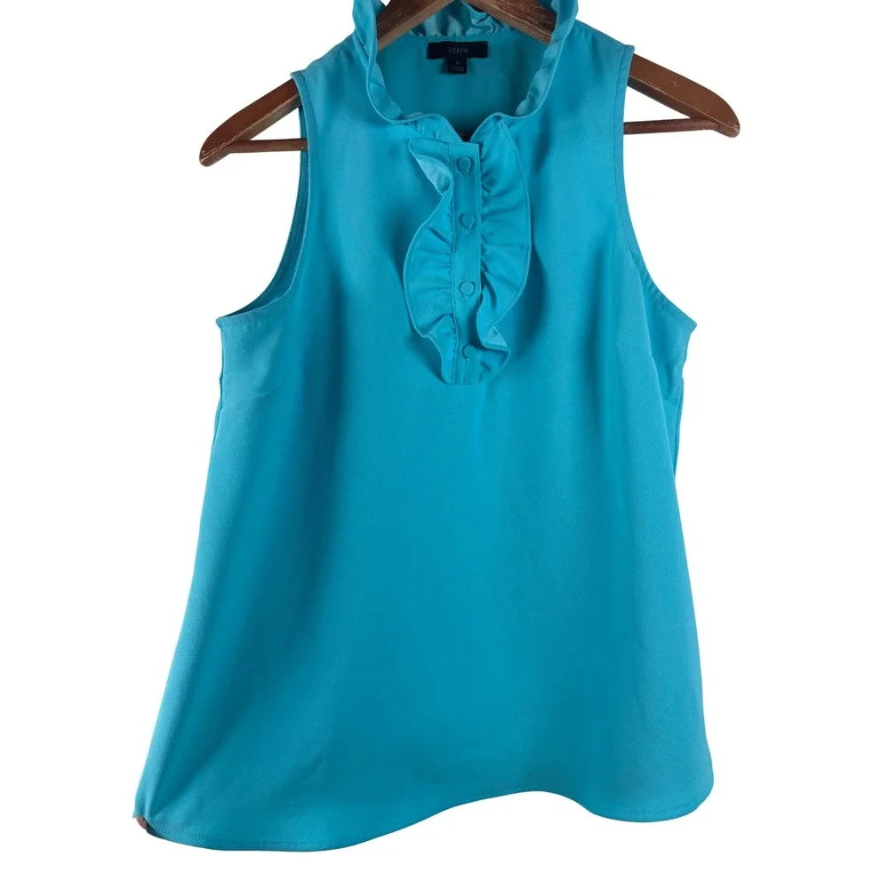 J. Crew‎ Womens Sleeveless Ruffle Collar Button Blouse Top Turquoise Small